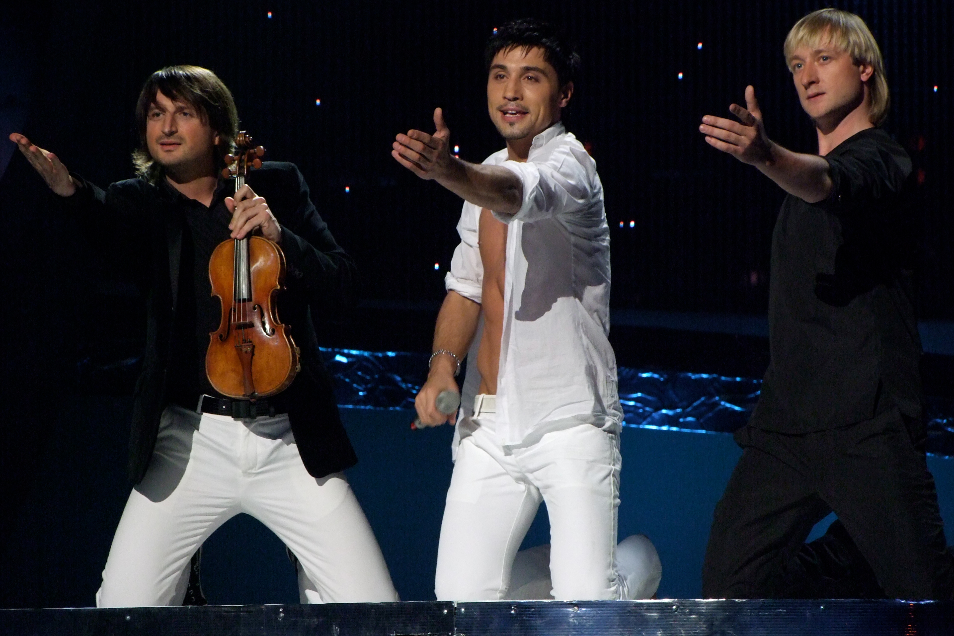 Эдвин Мартон, Дима Билан и Евгений Плющенко на конкурсе «Евровидение-2008»