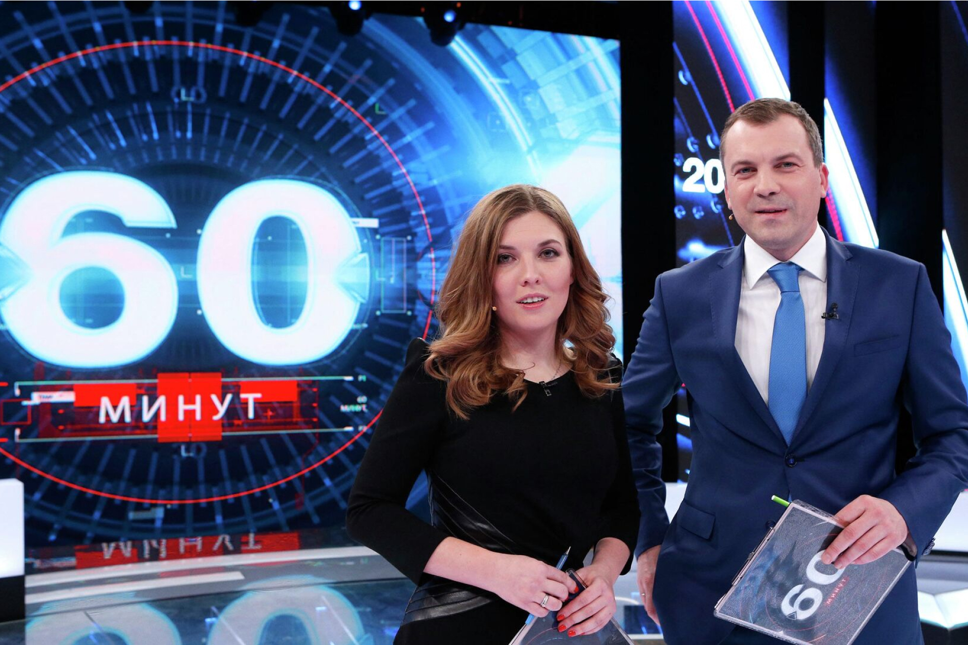 Евгений Попов и Ольга Скабеева в ток-шоу «60 минут»