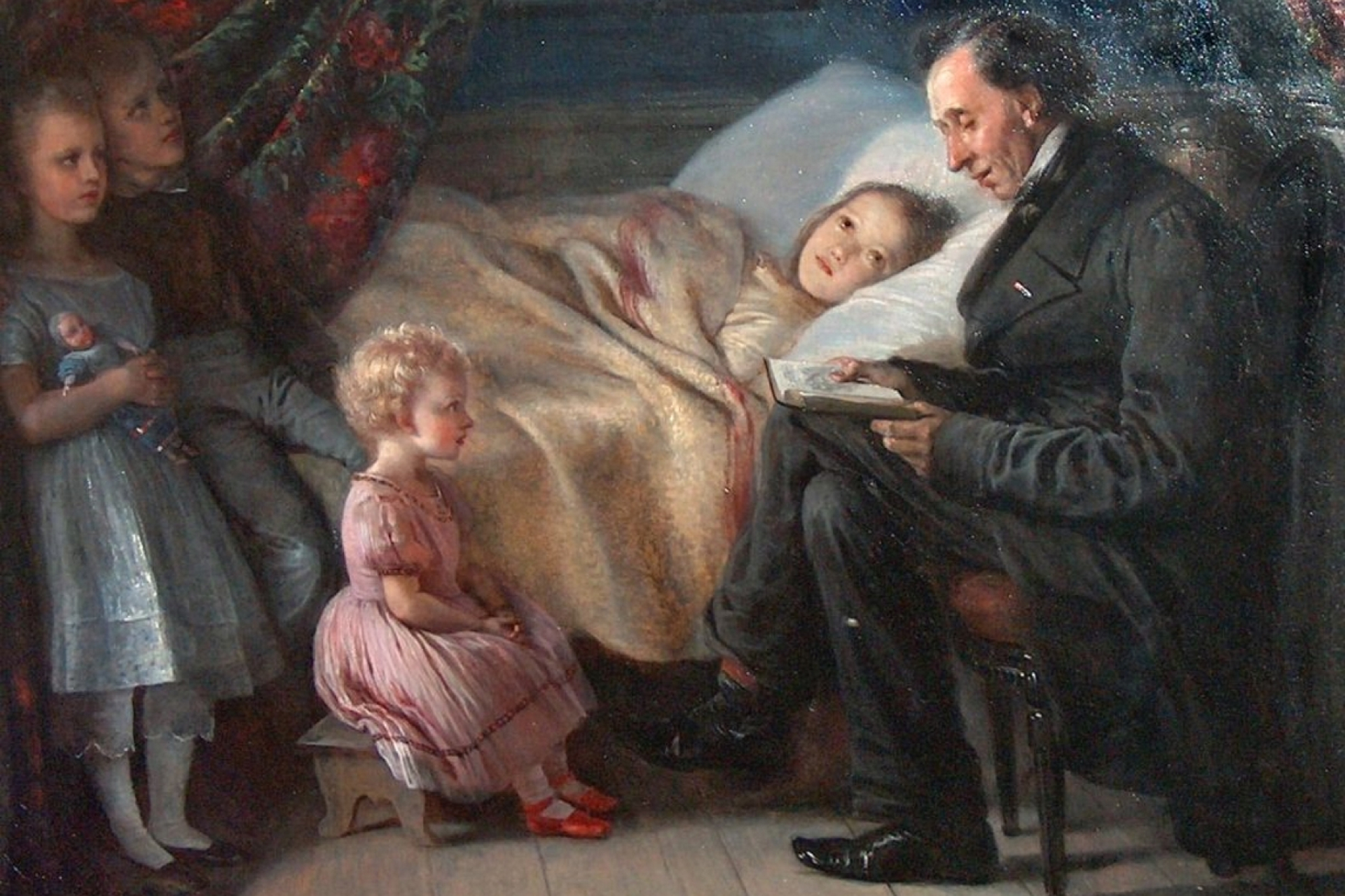 Ганс Христиан Андерсен читает книгу детям (картина Элизабет Йерихау-Бауман)
