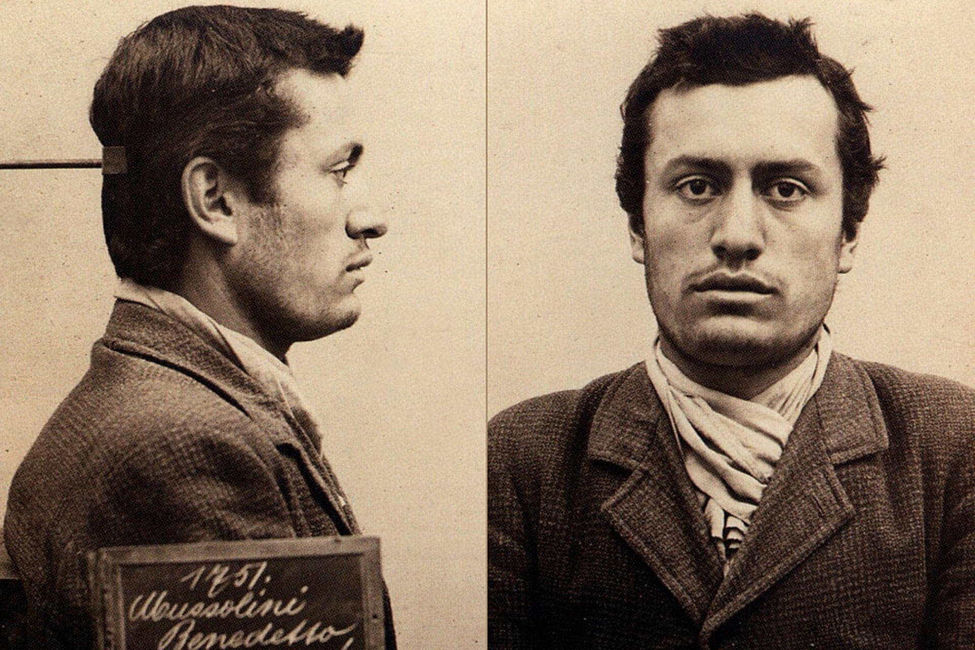 Бенито Муссолини в молодости во время ареста в 1903 году